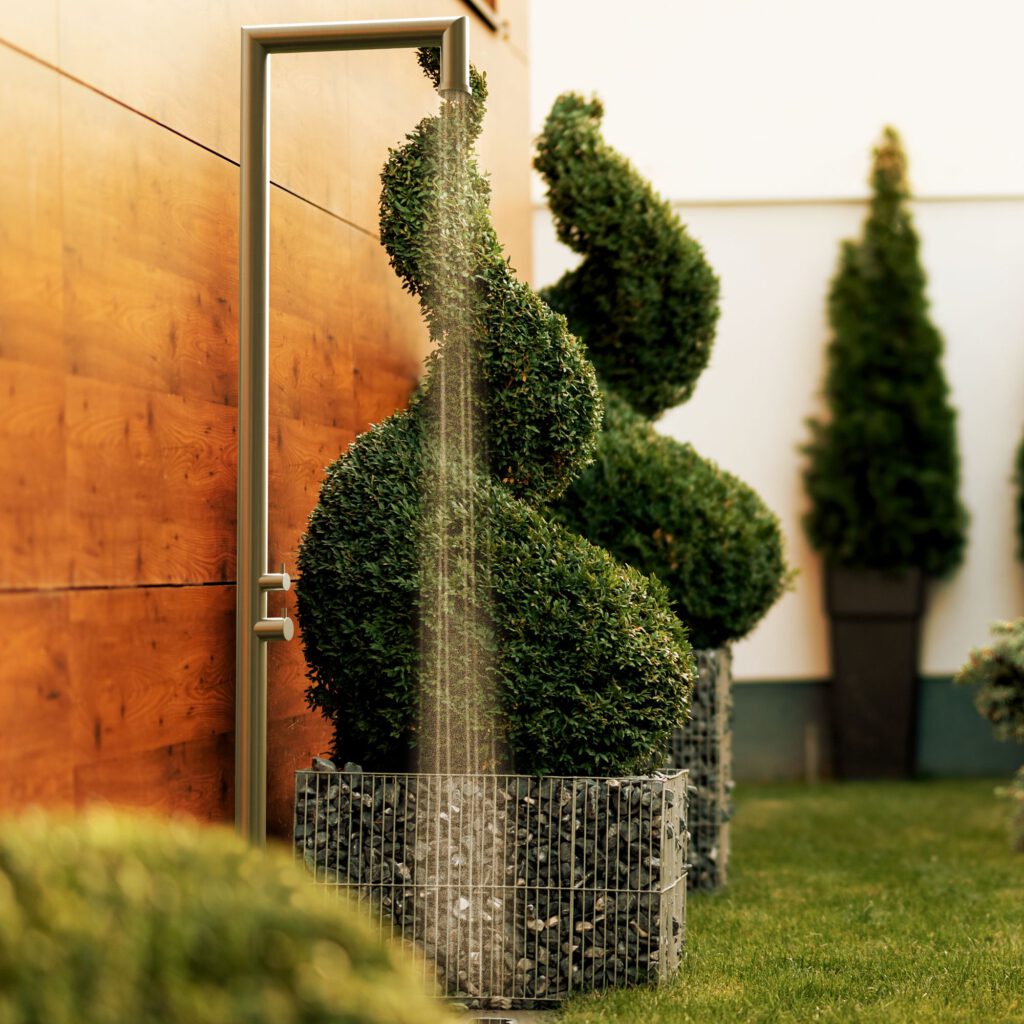 Designer Gartendusche aus V4A / 316 Edelstahl Modell "MAUI"