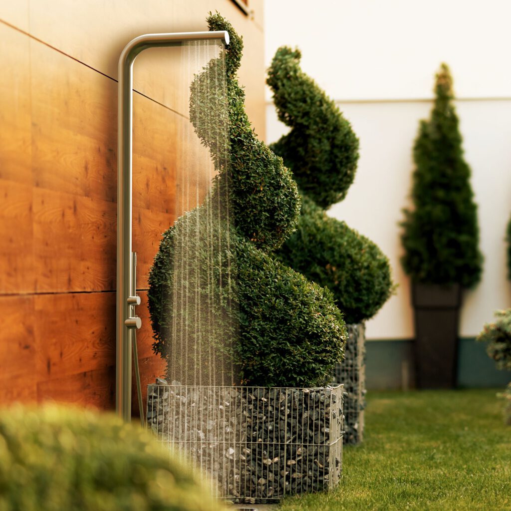 Designer Gartendusche aus V4A / 316 Edelstahl Modell "NALU"