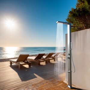 Designer Gartendusche aus V4A / 316 Edelstahl Modell "NANI"