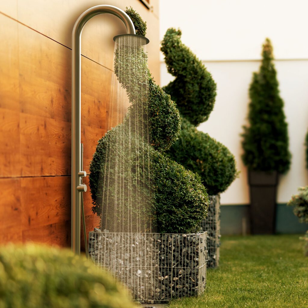 Designer Gartendusche aus V4A / 316 Edelstahl Modell "NOE"