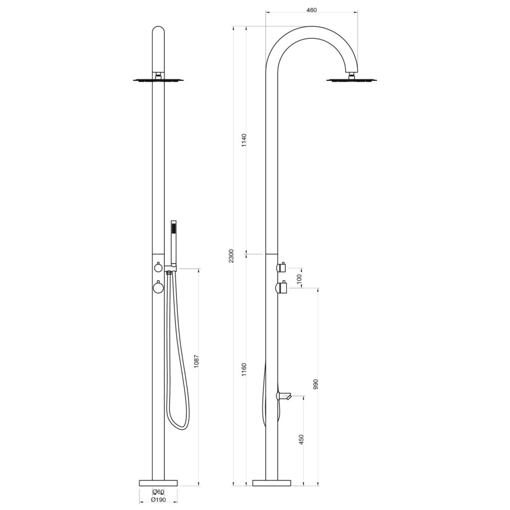Designer Gartendusche aus V4A / 316 Edelstahl Modell "NOE"