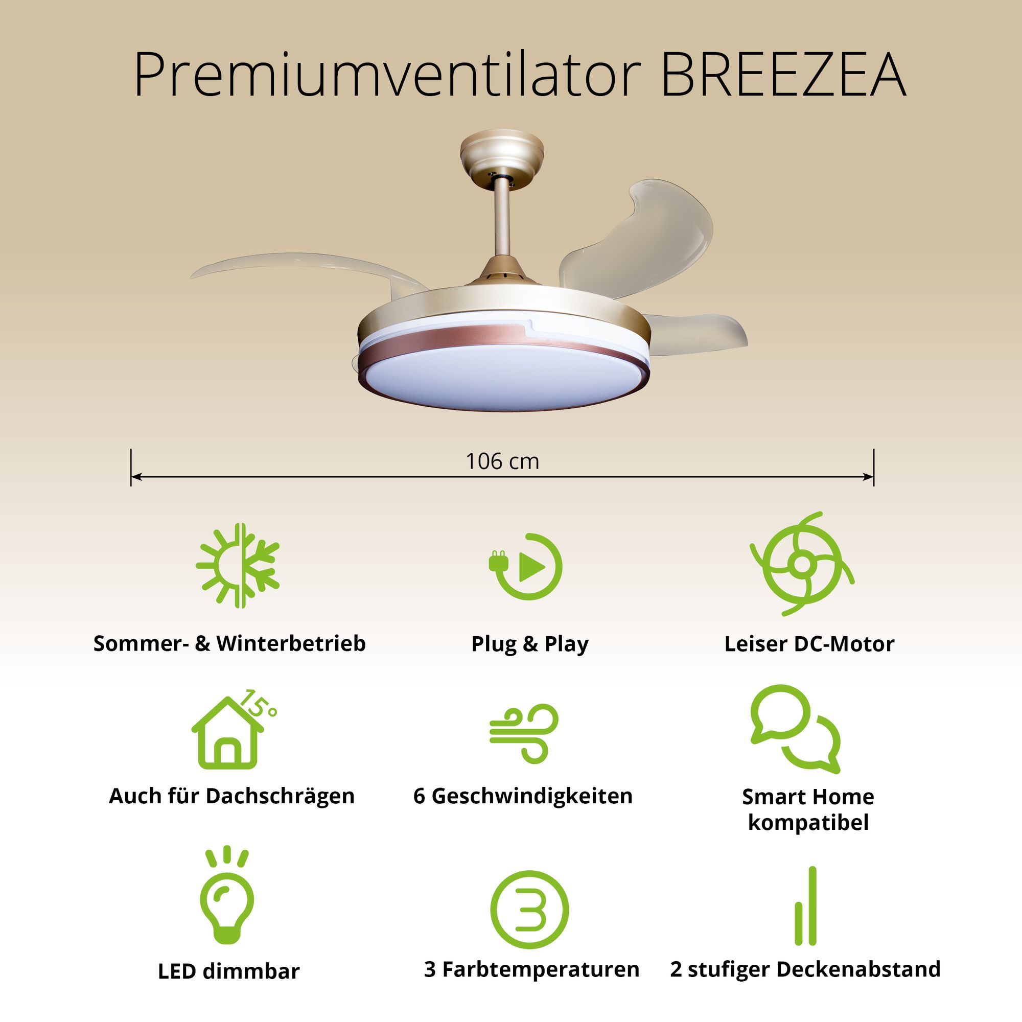 Deckenventilator mit Beleuchtung – goldfarbene Basis, modernes Design & LED-Licht – Bild 30