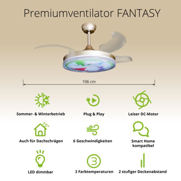 Deckenventilator mit Beleuchtung – goldfarbene Basis, modernes Design & LED-Licht