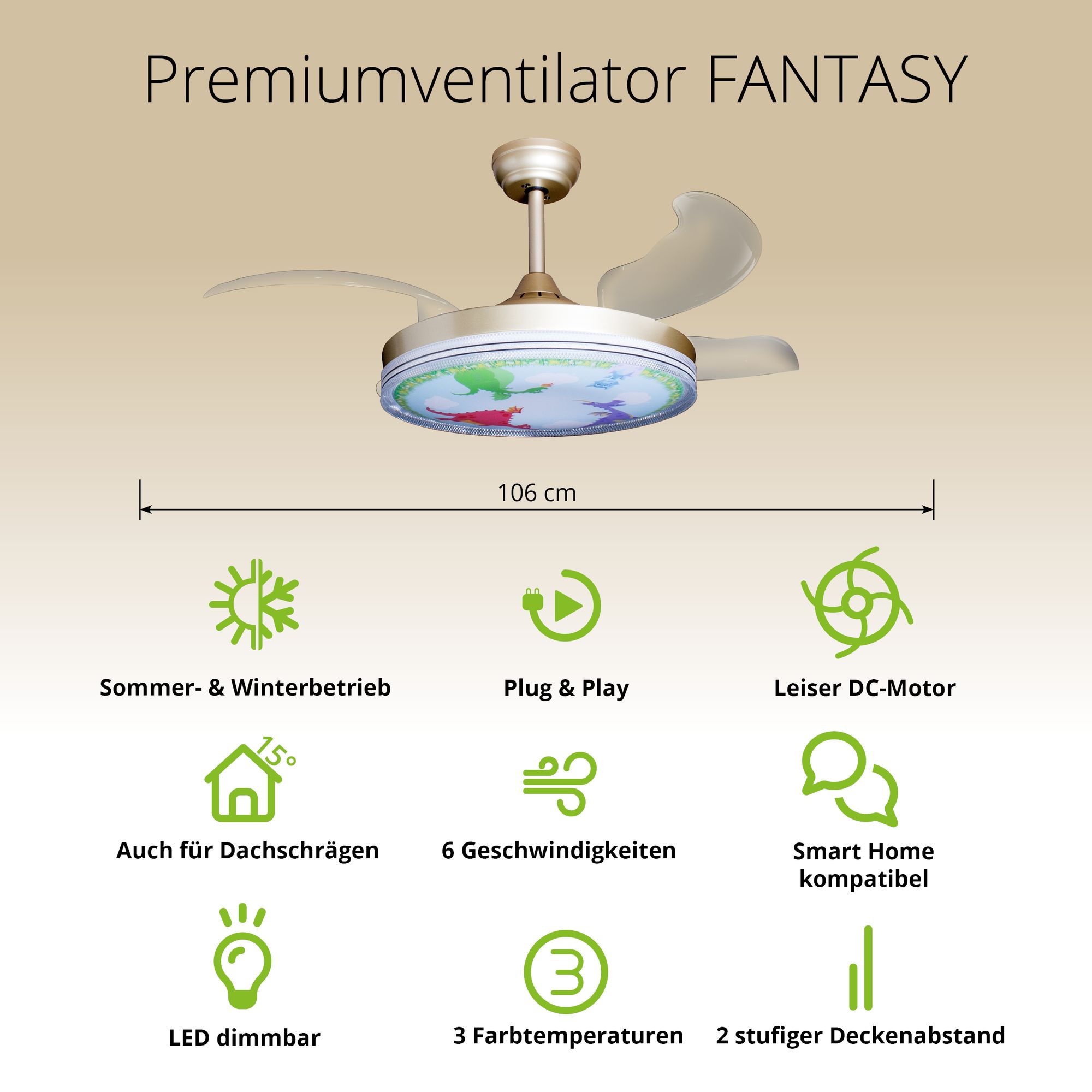 Deckenventilator mit Beleuchtung – goldfarbene Basis, modernes Design & LED-Licht – Bild 31