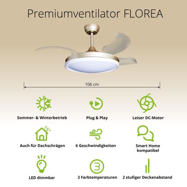 Deckenventilator mit Beleuchtung – goldfarbene Basis, modernes Design & LED-Licht