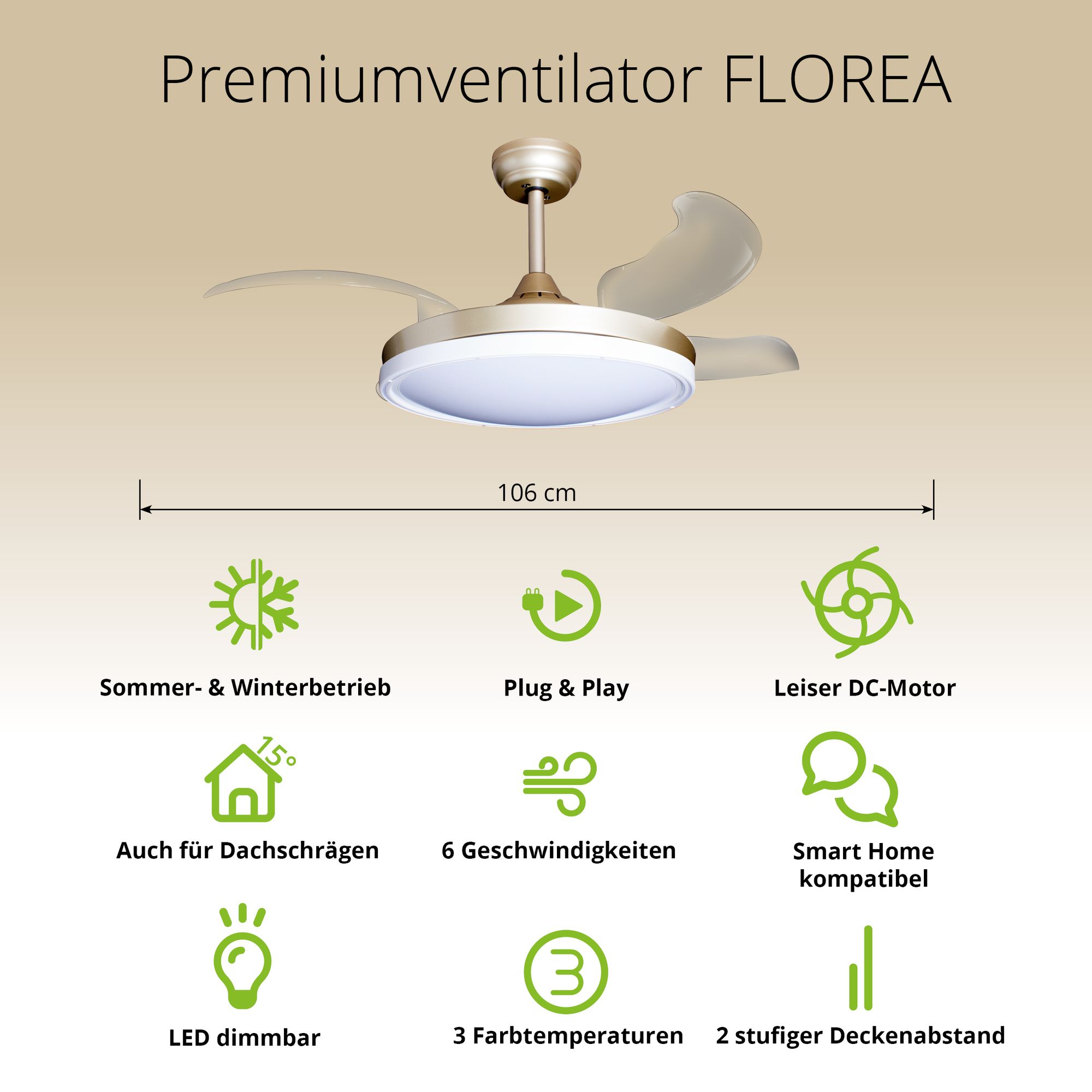 Deckenventilator mit Beleuchtung – goldfarbene Basis, modernes Design & LED-Licht – Bild 32
