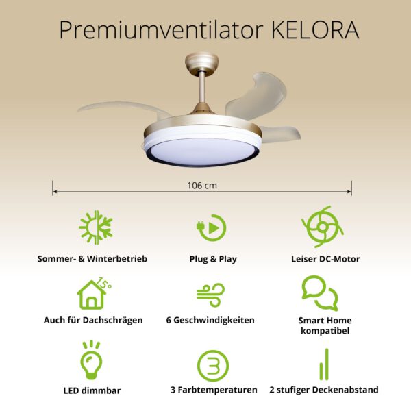 Deckenventilator mit Beleuchtung – goldfarbene Basis, modernes Design & LED-Licht