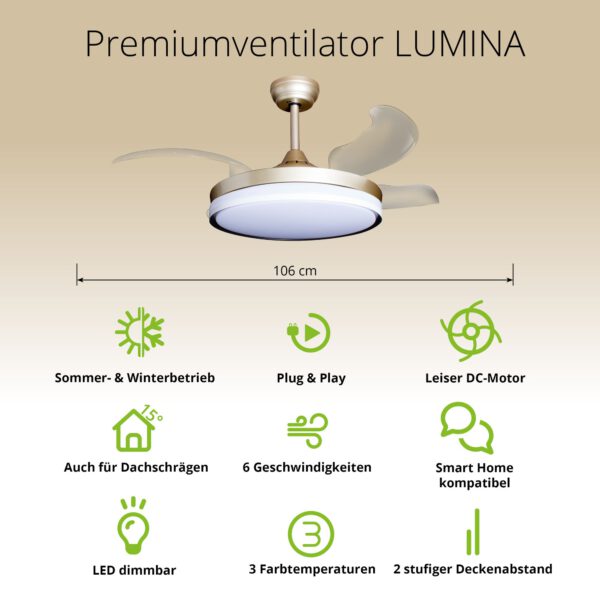 Deckenventilator mit Beleuchtung – goldfarbene Basis, modernes Design & LED-Licht