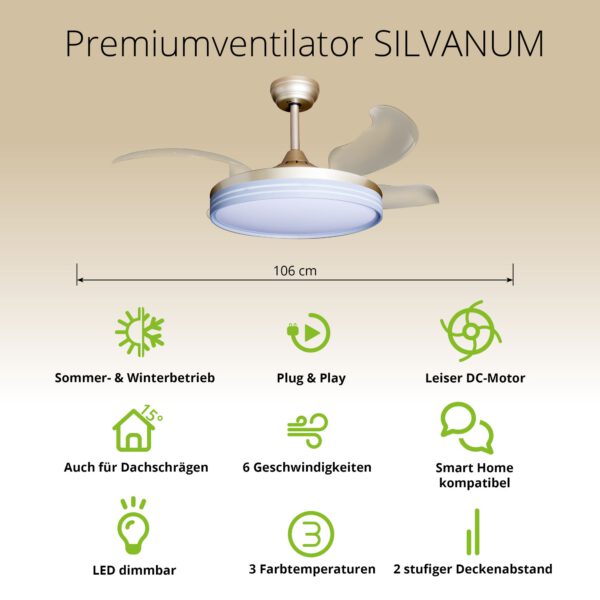 Deckenventilator mit Beleuchtung – goldfarbene Basis, modernes Design & LED-Licht