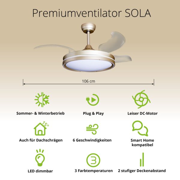Deckenventilator mit Beleuchtung – goldfarbene Basis, modernes Design & LED-Licht