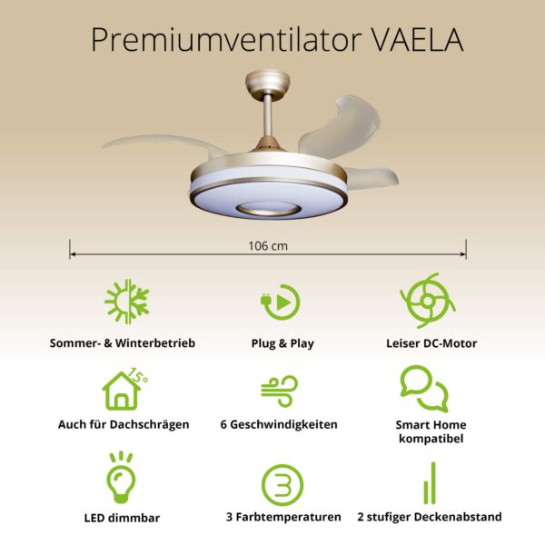 Deckenventilator mit Beleuchtung – goldfarbene Basis, modernes Design & LED-Licht
