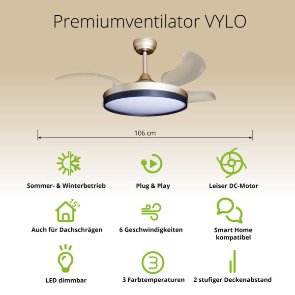 Deckenventilator mit Beleuchtung – goldfarbene Basis, modernes Design & LED-Licht