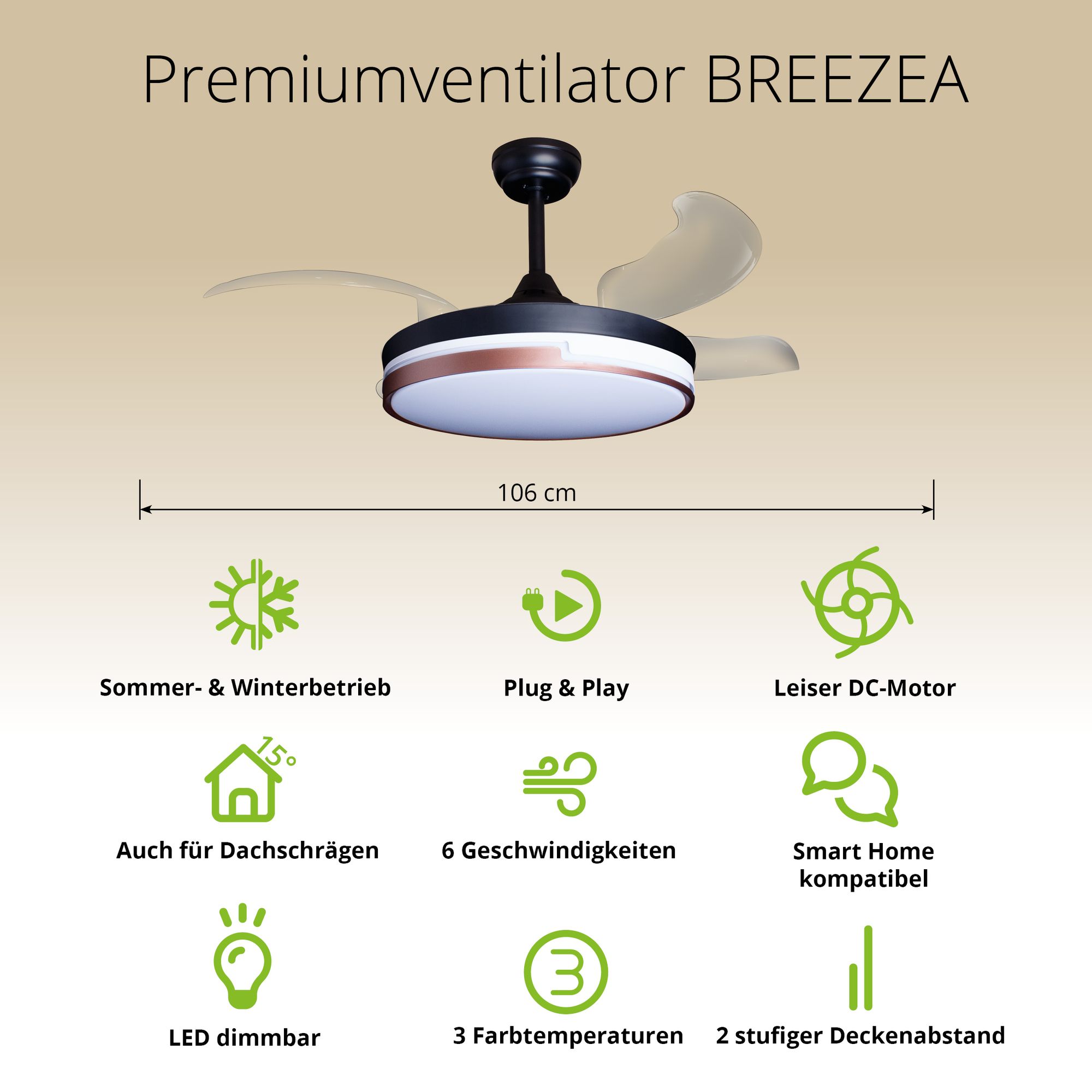 Deckenventilator mit Beleuchtung – schwarze Basis, modernes Design & LED-Licht – Bild 30