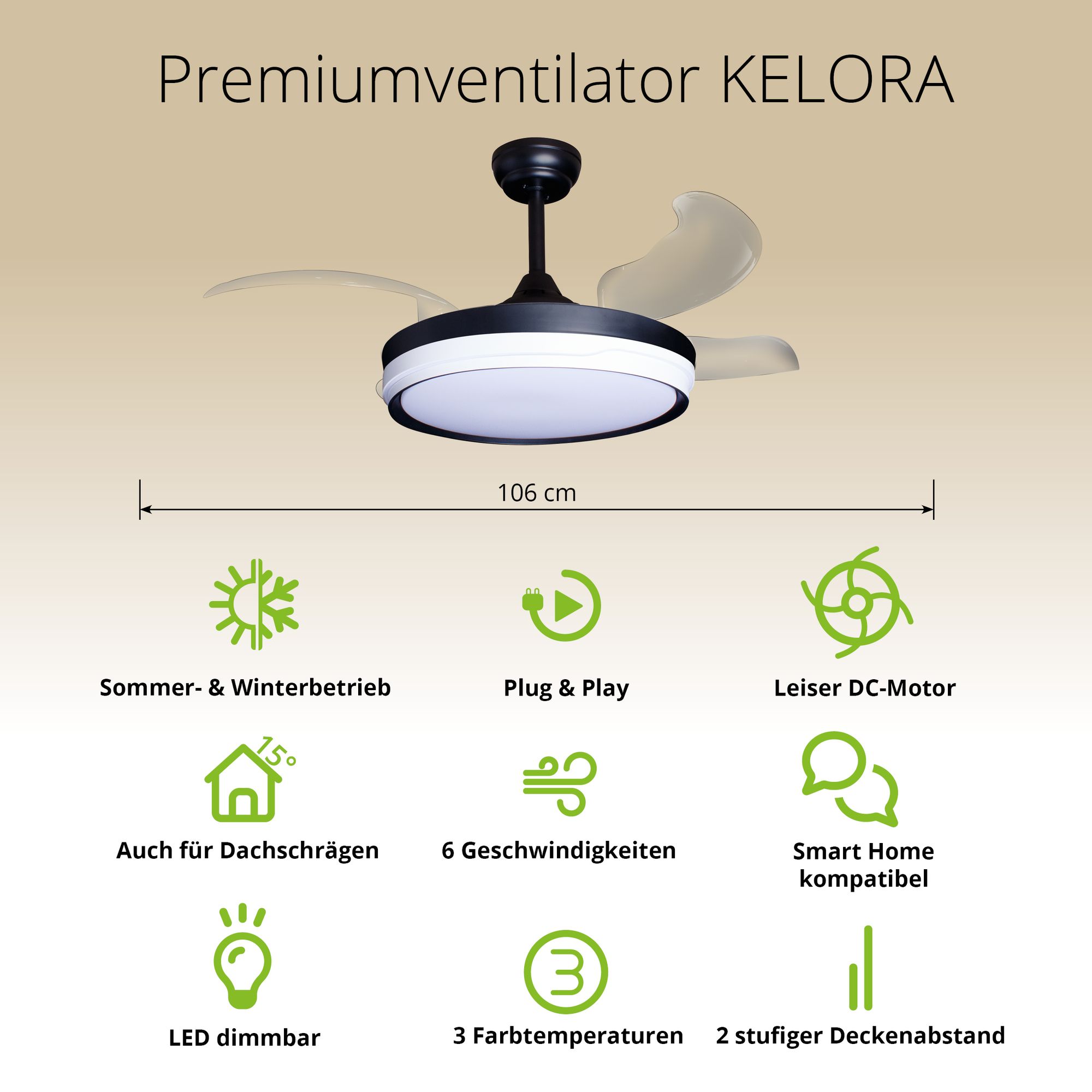 Deckenventilator mit Beleuchtung – schwarze Basis, modernes Design & LED-Licht – Bild 33