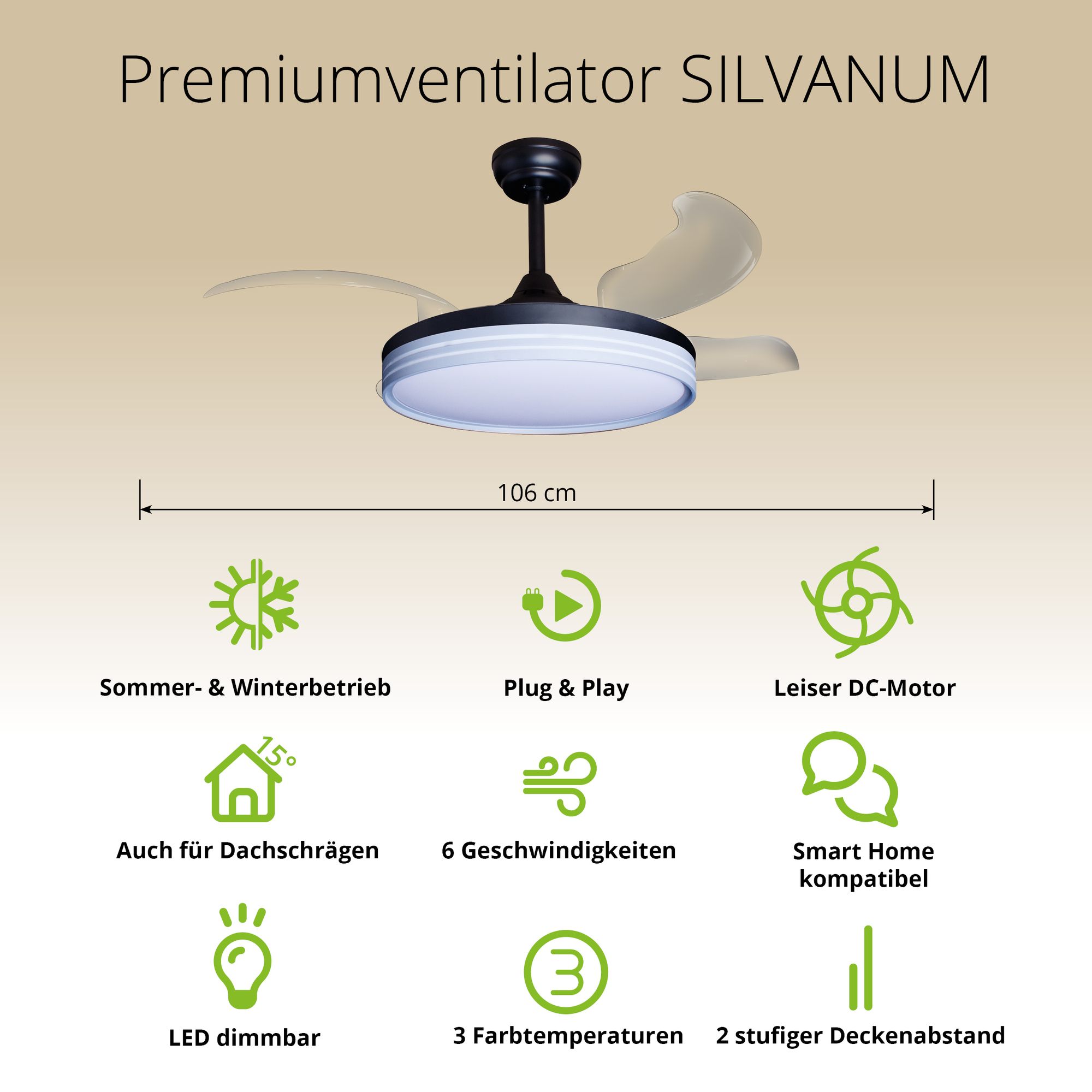 Deckenventilator mit Beleuchtung – schwarze Basis, modernes Design & LED-Licht – Bild 35