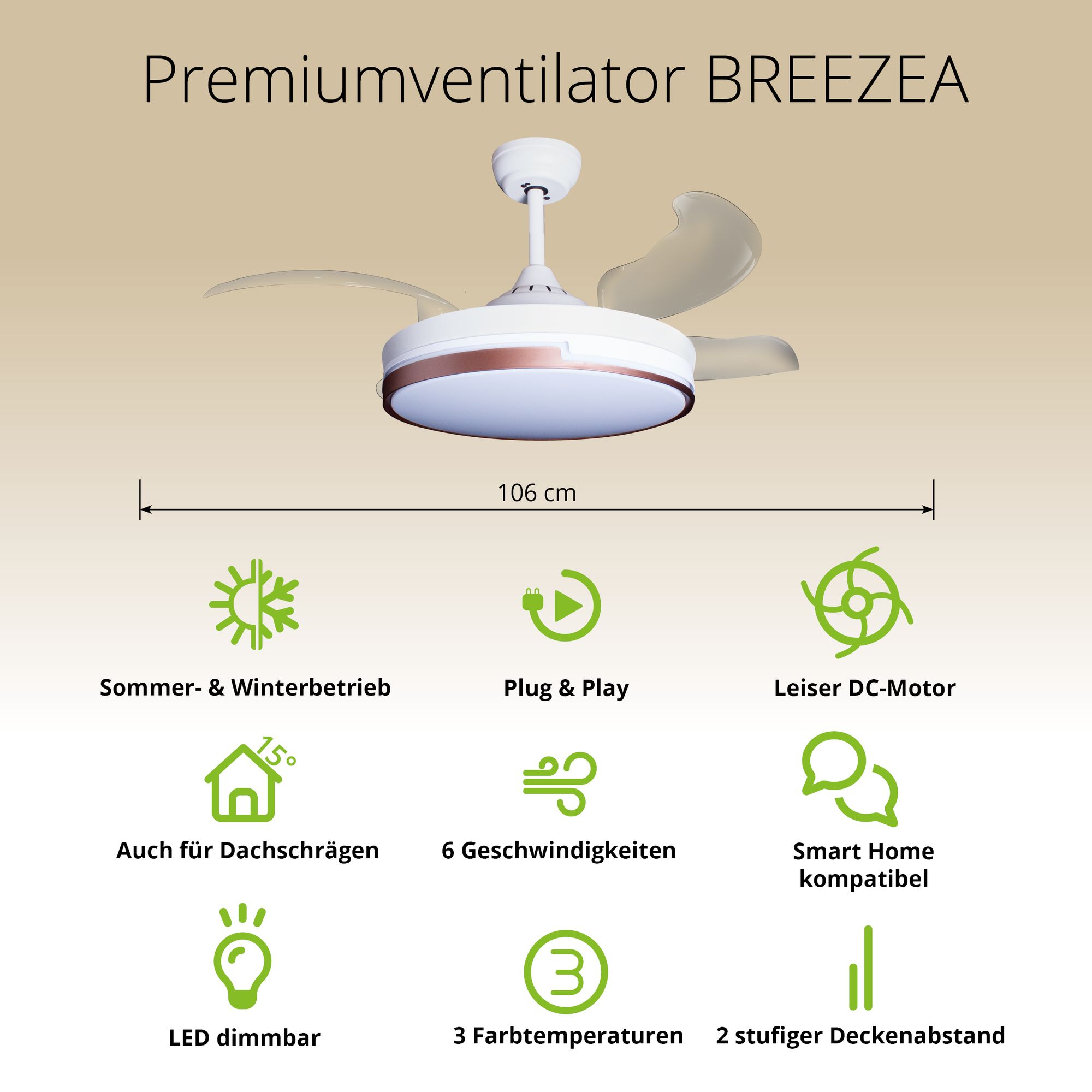 Deckenventilator mit Beleuchtung – weiße Basis, modernes Design & LED-Licht – Bild 30