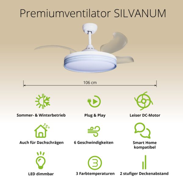 Deckenventilator mit Beleuchtung – weiße Basis, modernes Design & LED-Licht