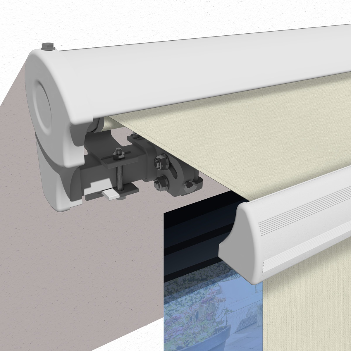 Markise elektrisch Standard Kassettenmarkise Gelenkarmmarkise Gestell Farbe Weiß (entspricht RAL 9010)