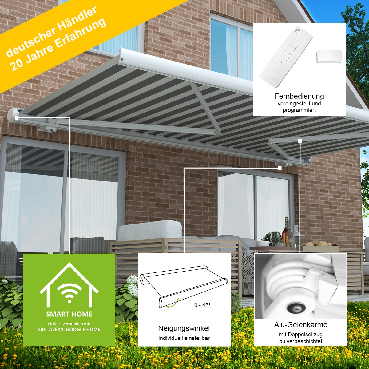 Markise elektrisch Standard Kassettenmarkise Gelenkarmmarkise Gestell Farbe Weiß (entspricht RAL 9010)