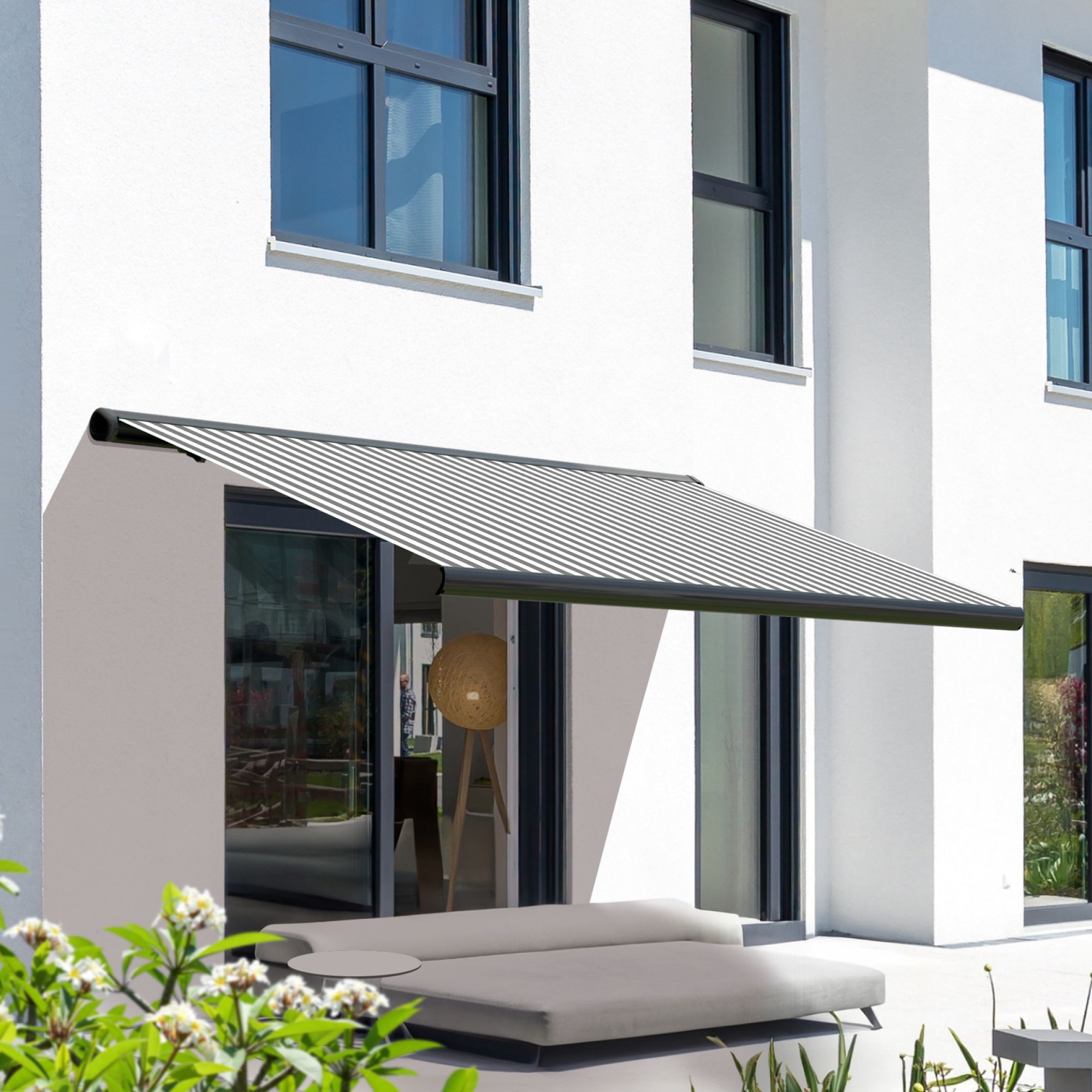 Markise elektrische Premium Kassettenmarkise Gelenkarm Vollkassettenmarkise basaltgraue Kassette (Ähnlich RAL 7012)