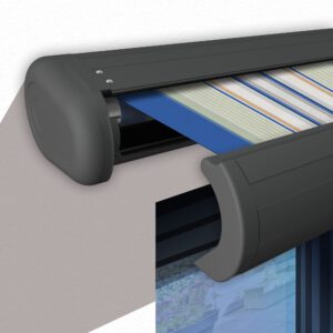 Markise elektrische Premium Kassettenmarkise Gelenkarm Vollkassettenmarkise basaltgraue Kassette (Ähnlich RAL 7012)