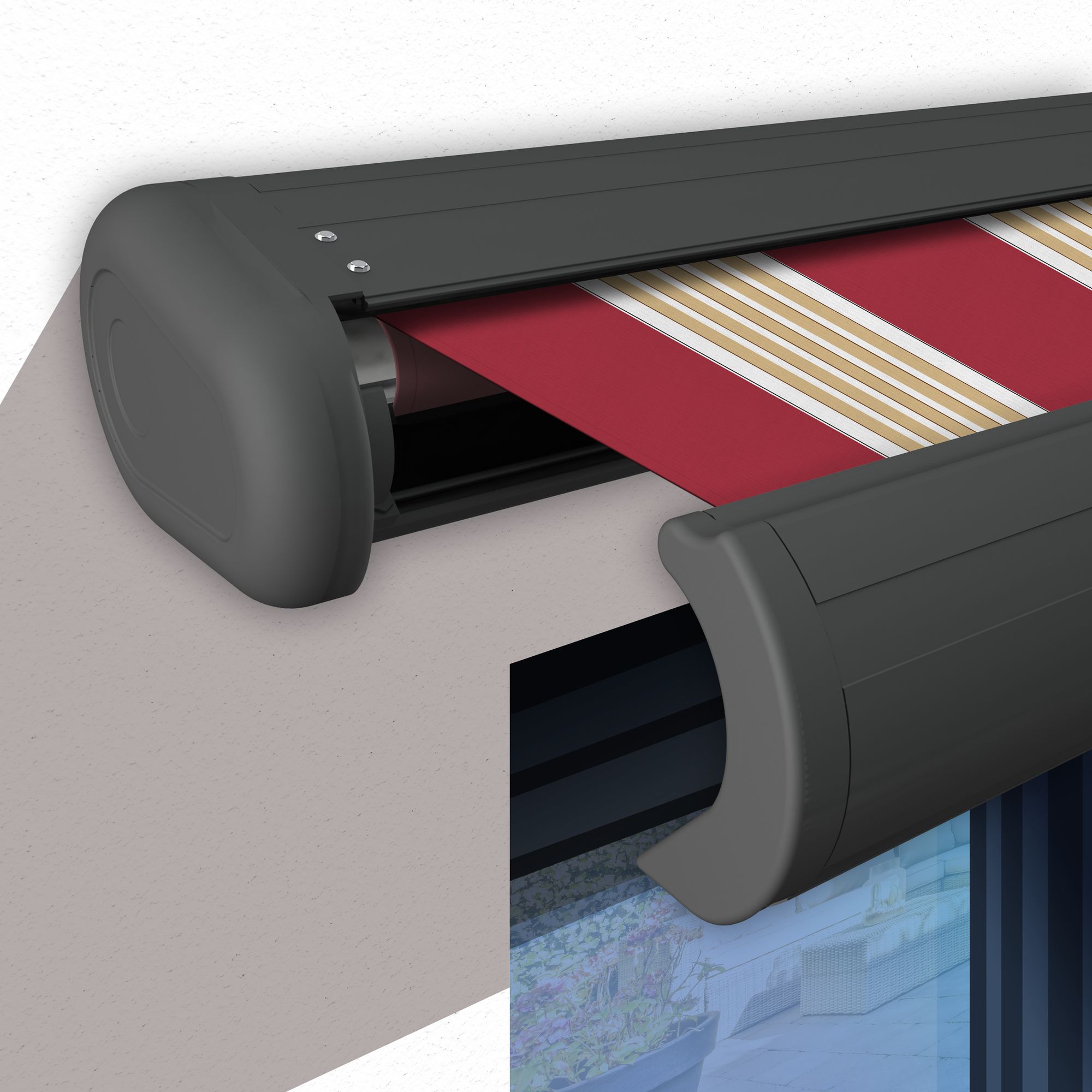 Markise elektrische Premium Kassettenmarkise Gelenkarm Vollkassettenmarkise basaltgraue Kassette (Ähnlich RAL 7012)