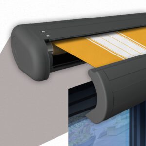 Markise elektrische Premium Kassettenmarkise Gelenkarm Vollkassettenmarkise basaltgraue Kassette (Ähnlich RAL 7012)