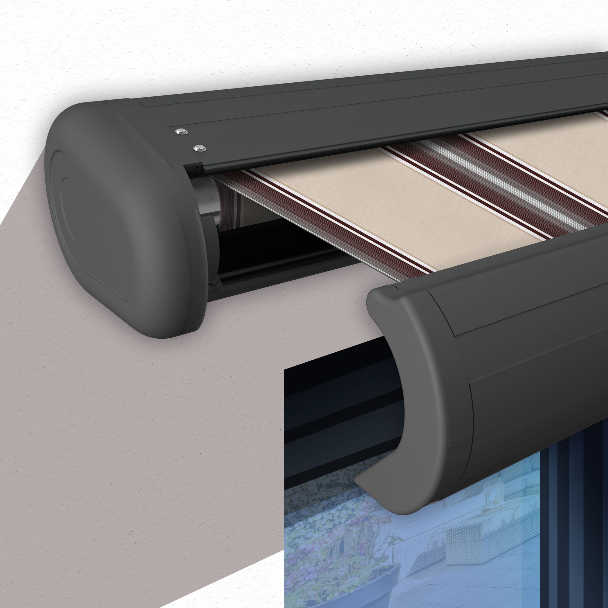 Markise elektrische Premium Kassettenmarkise Gelenkarm Vollkassettenmarkise basaltgraue Kassette (Ähnlich RAL 7012)