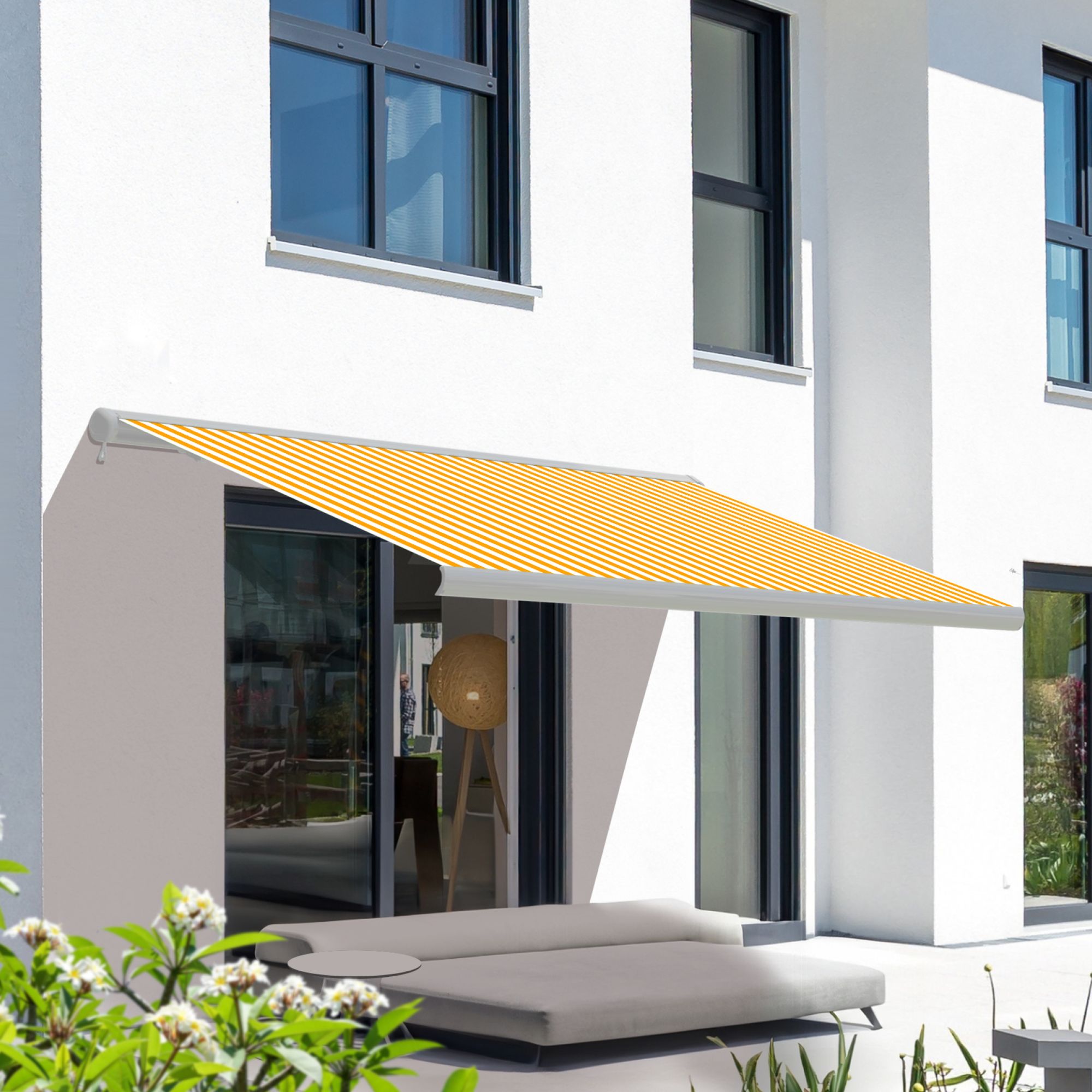 Markise elektrische Premium Kassettenmarkise Gelenkarm Vollkassettenmarkise weiße Kassette (entspricht RAL 9010)