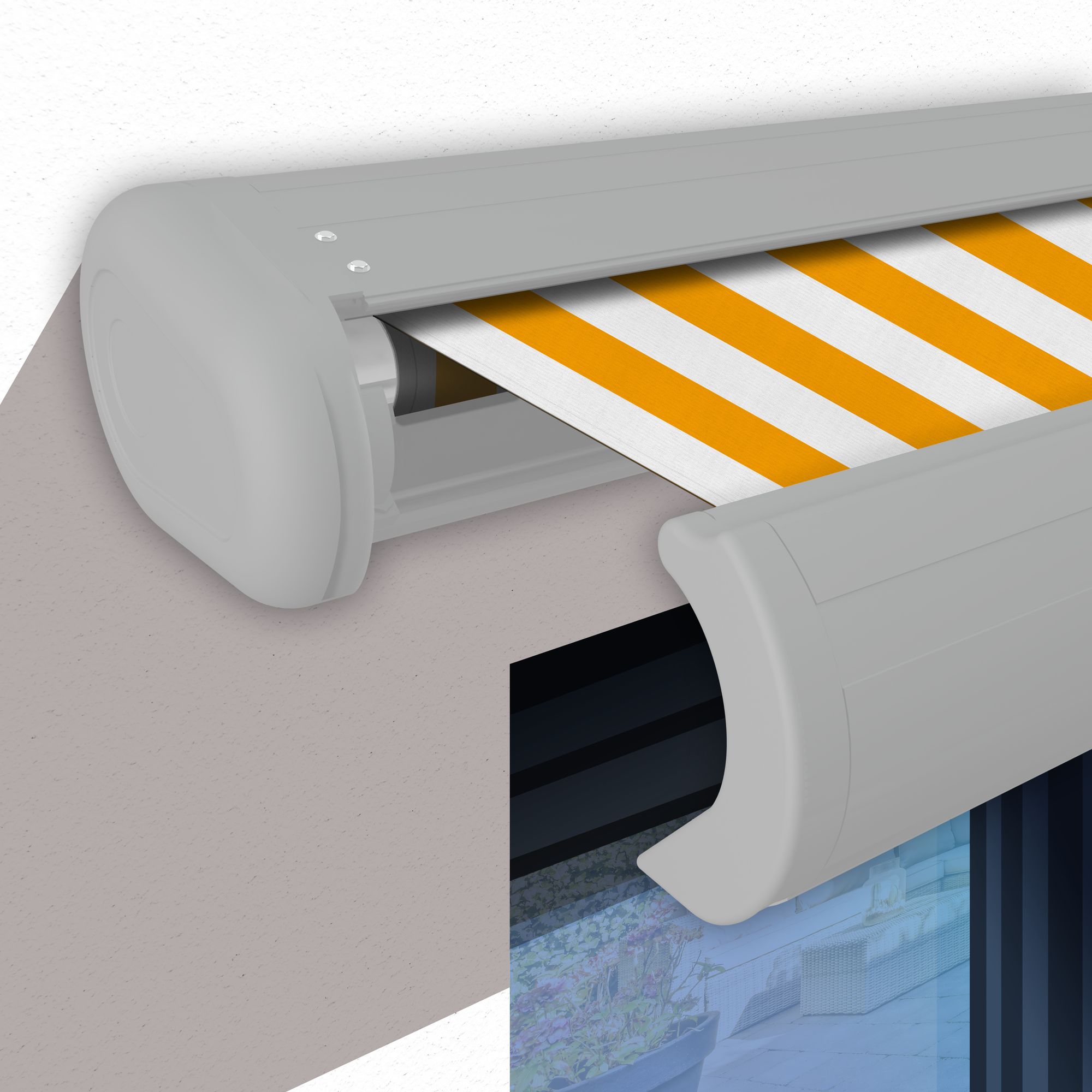 Markise elektrische Premium Kassettenmarkise Gelenkarm Vollkassettenmarkise weiße Kassette (entspricht RAL 9010)