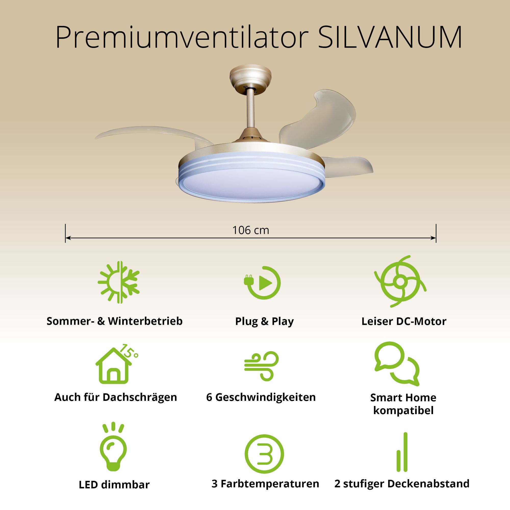 Deckenventilator mit Beleuchtung – goldfarbene Basis, modernes Design & LED-Licht – Bild 35