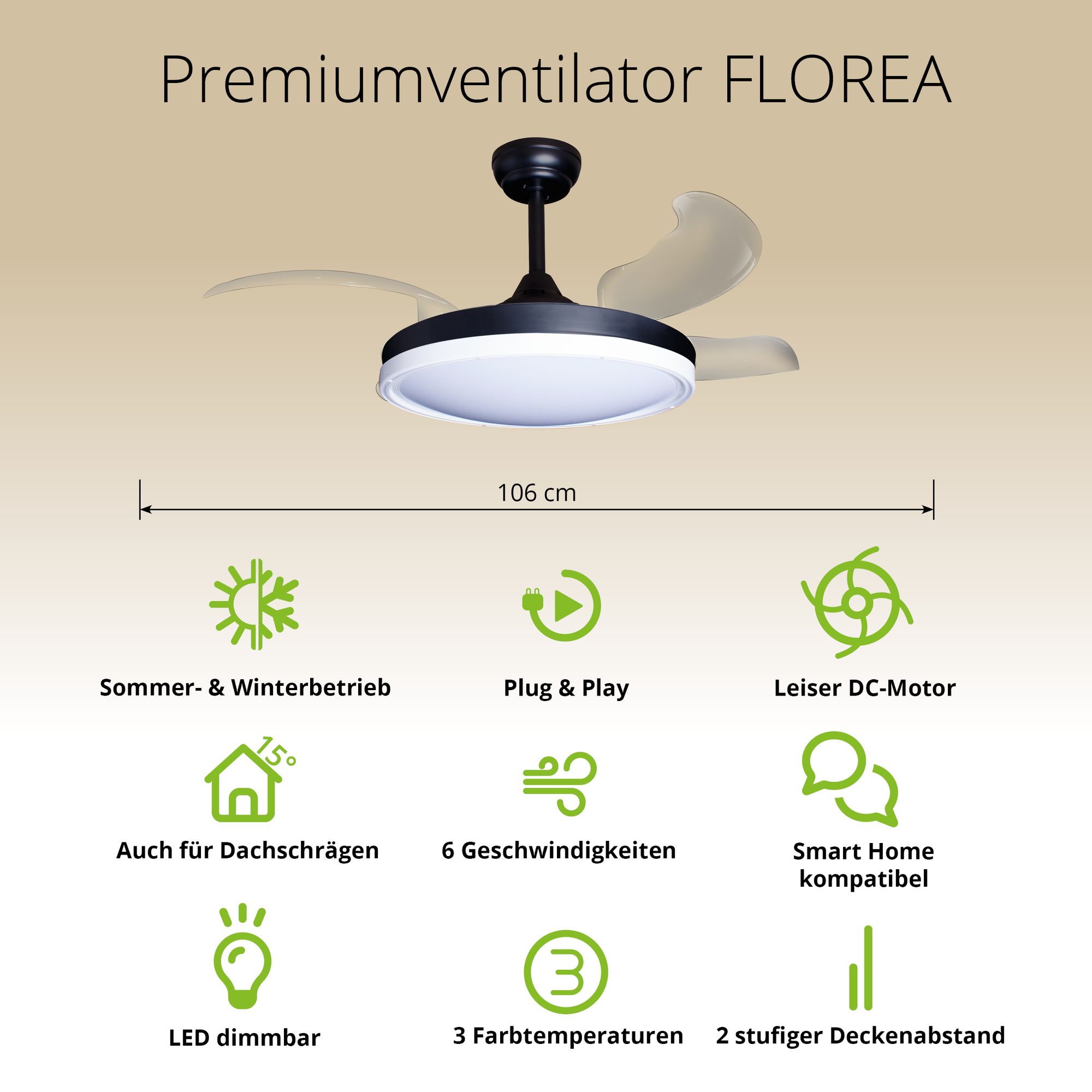 Deckenventilator mit Beleuchtung – schwarze Basis, modernes Design & LED-Licht – Bild 32