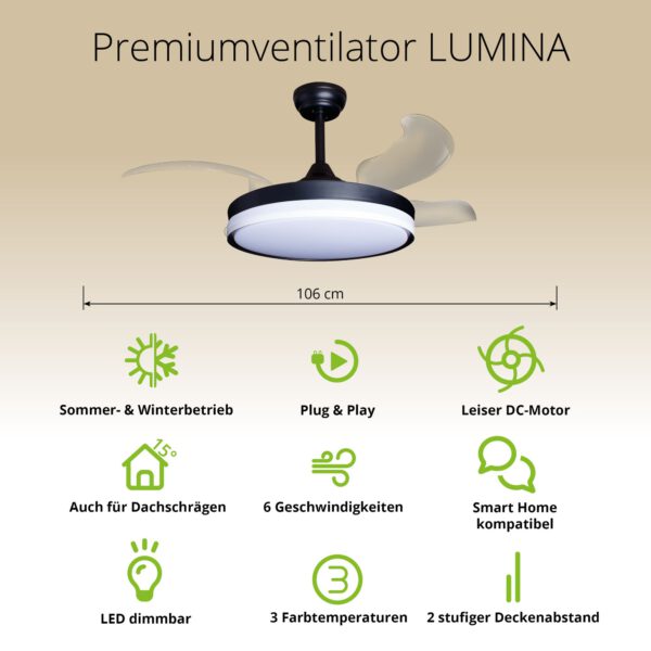 Deckenventilator mit Beleuchtung – schwarze Basis, modernes Design & LED-Licht