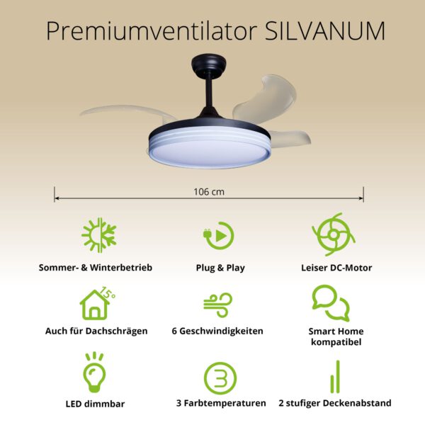 Deckenventilator mit Beleuchtung – schwarze Basis, modernes Design & LED-Licht