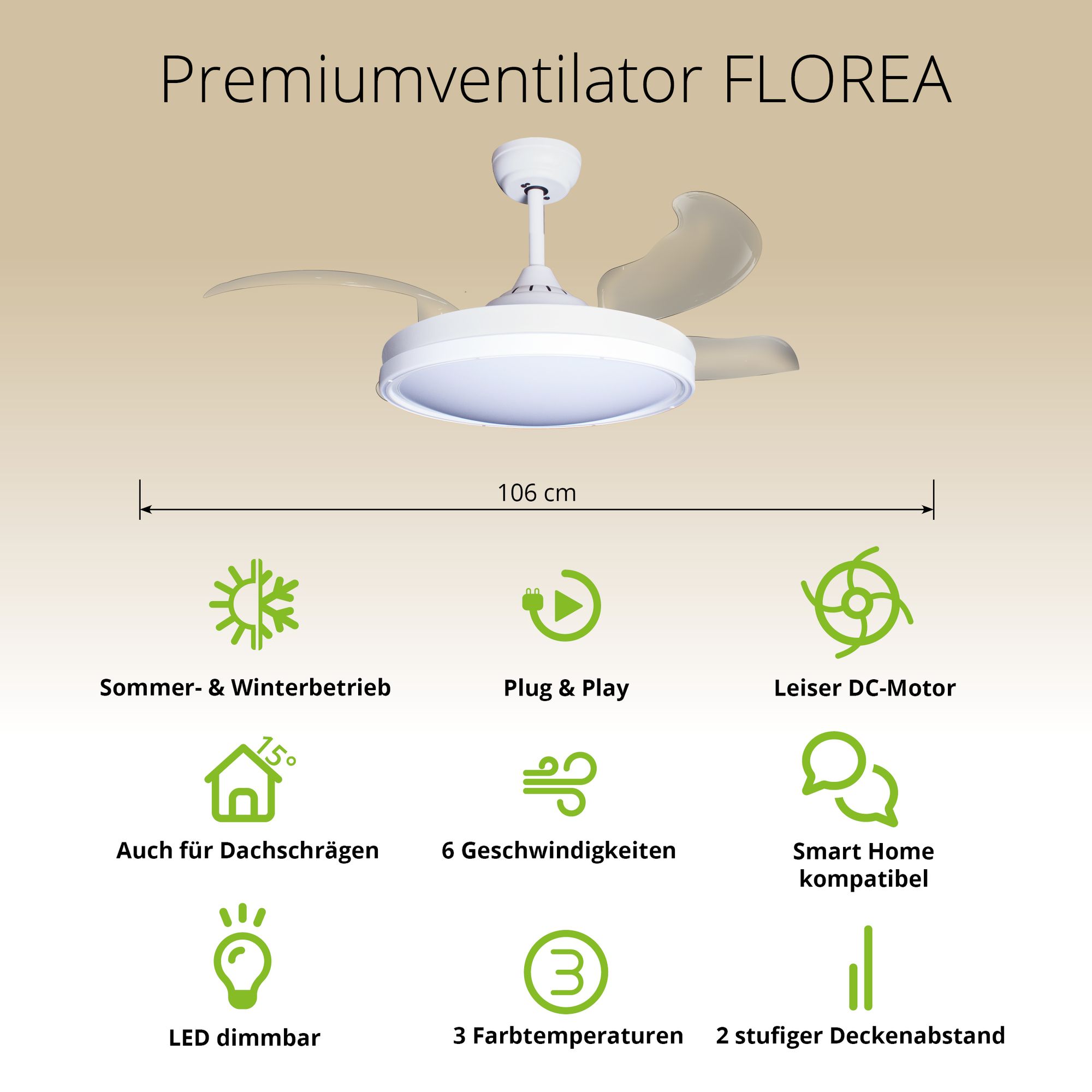 Deckenventilator mit Beleuchtung – weiße Basis, modernes Design & LED-Licht – Bild 32