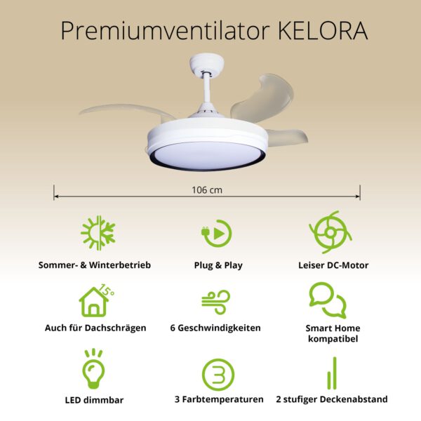 Deckenventilator mit Beleuchtung – weiße Basis, modernes Design & LED-Licht