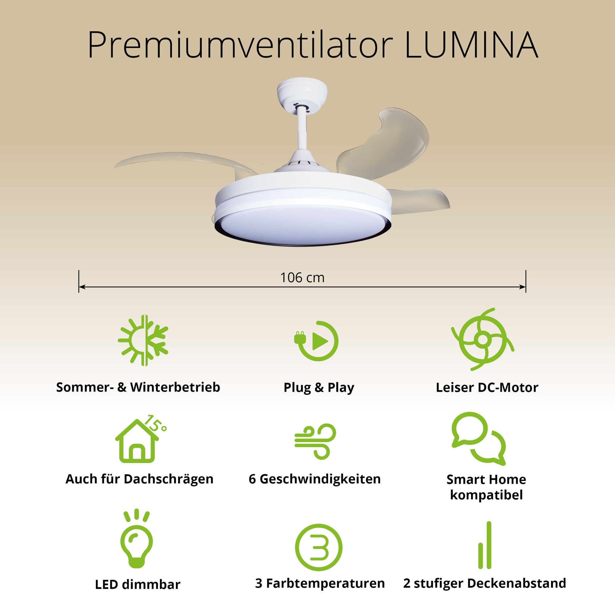 Deckenventilator mit Beleuchtung – weiße Basis, modernes Design & LED-Licht – Bild 34