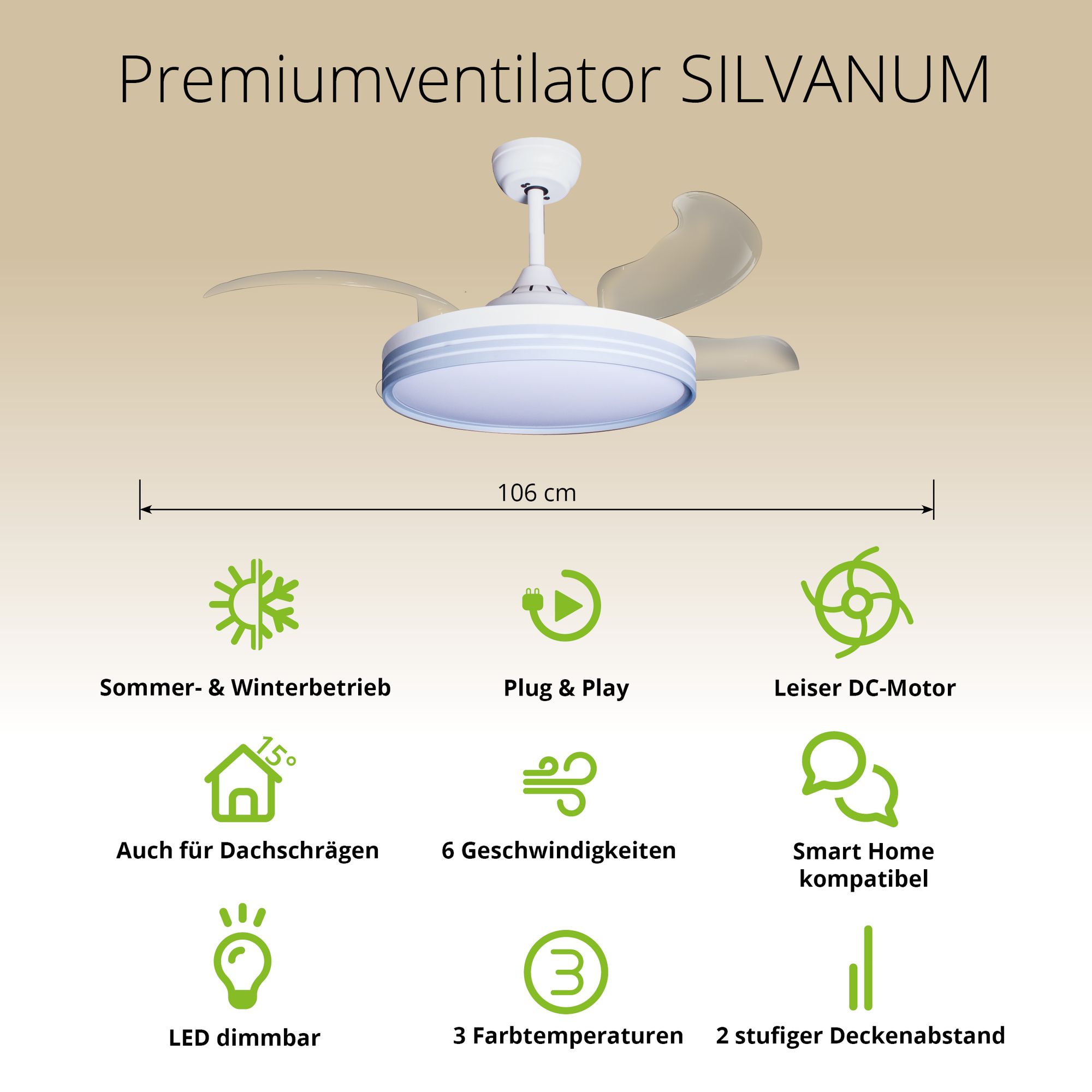 Deckenventilator mit Beleuchtung – weiße Basis, modernes Design & LED-Licht – Bild 35
