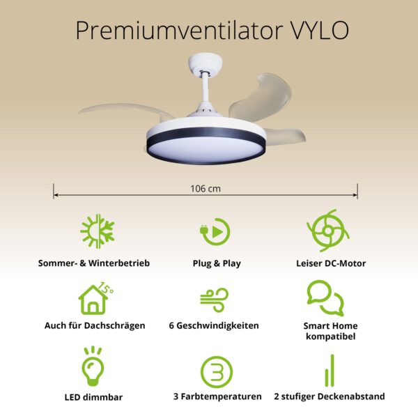 Deckenventilator mit Beleuchtung – weiße Basis, modernes Design & LED-Licht