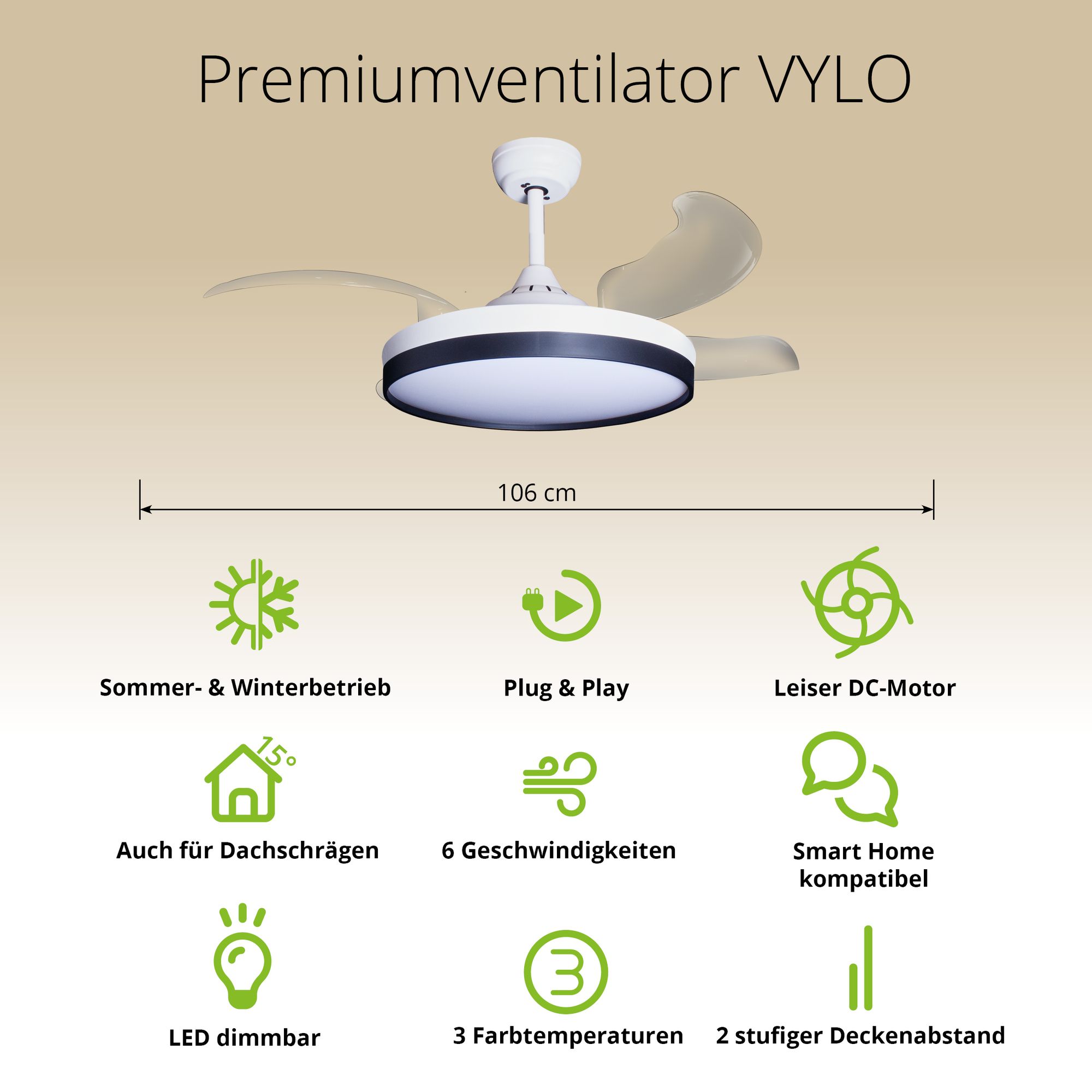 Deckenventilator mit Beleuchtung – weiße Basis, modernes Design & LED-Licht – Bild 38