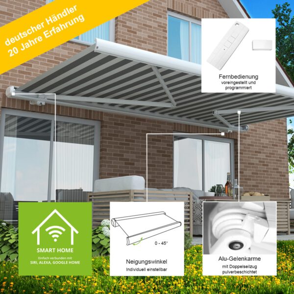 Markise elektrisch Standard Kassettenmarkise Gelenkarmmarkise Gestell Farbe Weiß (entspricht RAL 9010)