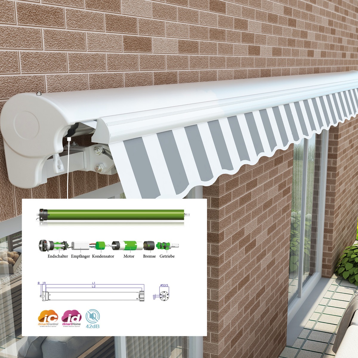 Markise elektrisch Standard Kassettenmarkise Gelenkarmmarkise Gestell Farbe Weiß (entspricht RAL 9010)