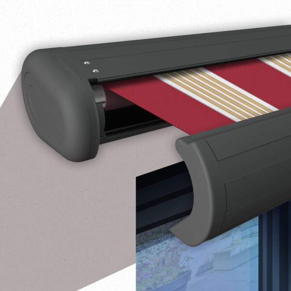 Markise elektrische Premium Kassettenmarkise Gelenkarm Vollkassettenmarkise basaltgraue Kassette (Ähnlich RAL 7012)