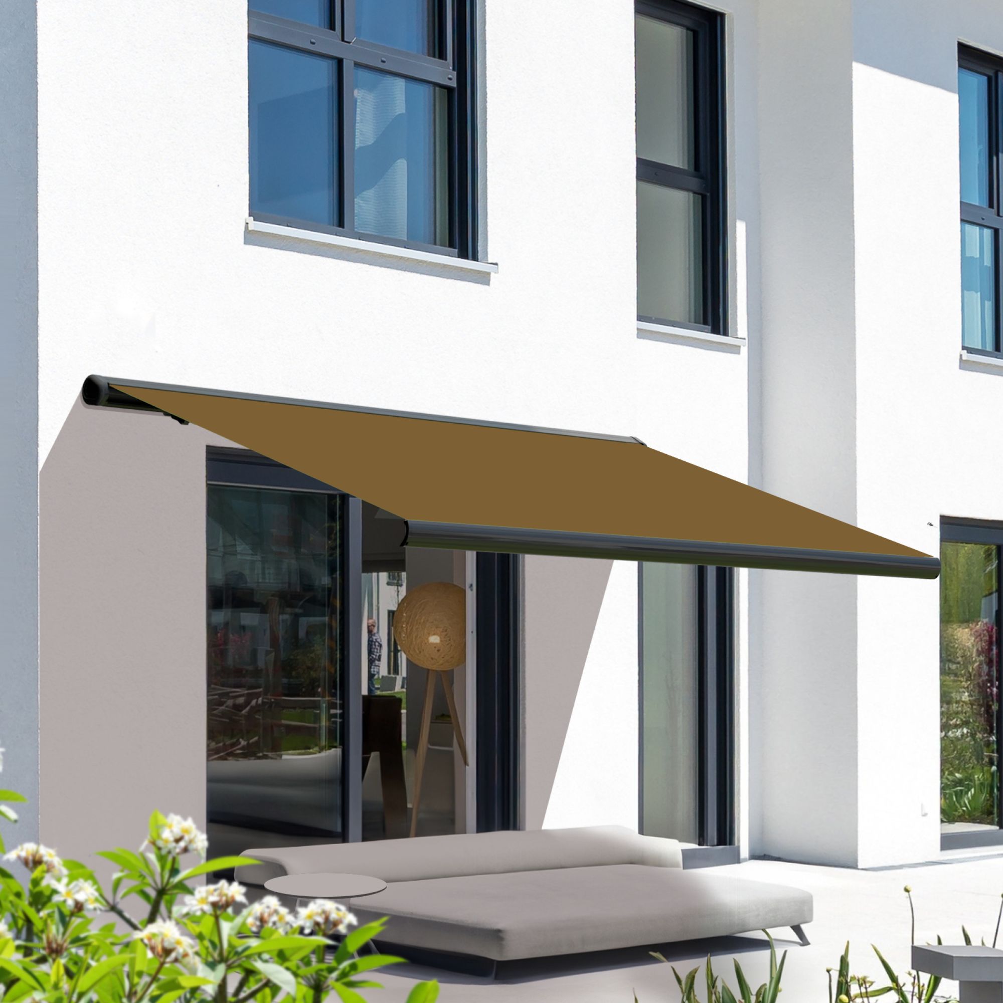 Markise elektrische Premium Kassettenmarkise Gelenkarm Vollkassettenmarkise basaltgraue Kassette (Ähnlich RAL 7012)