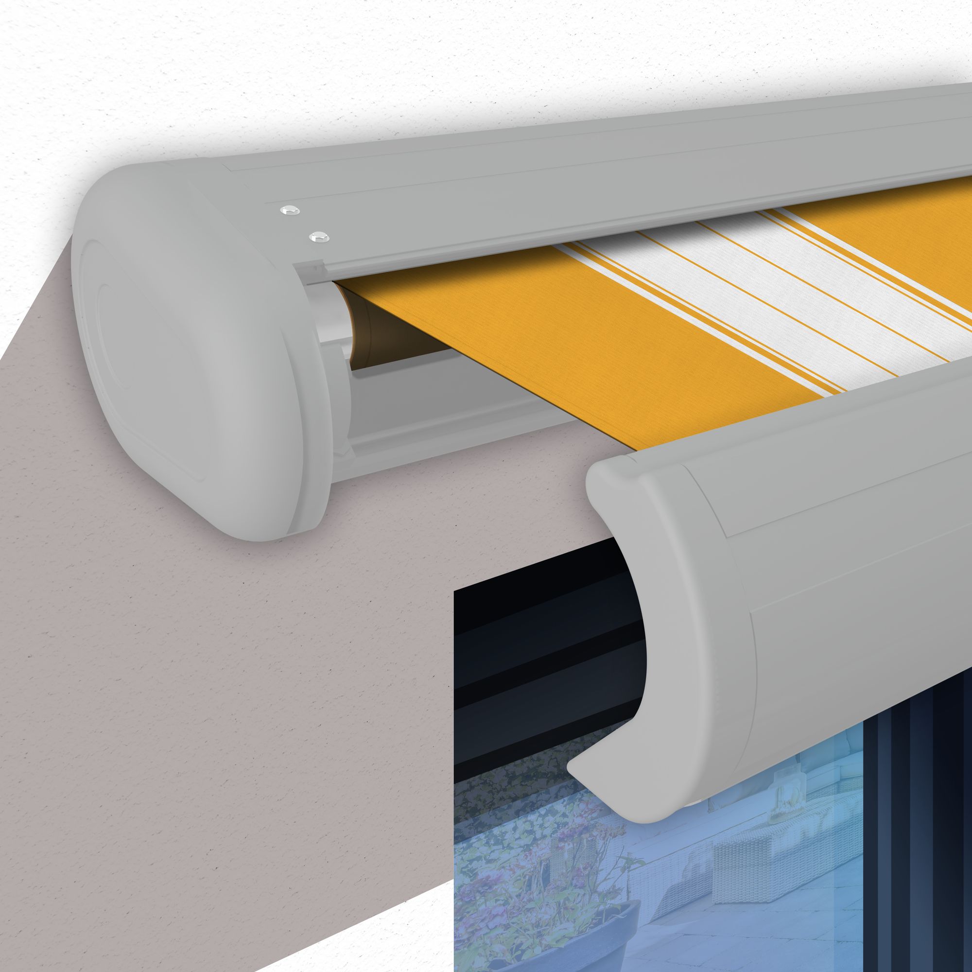 Markise elektrische Premium Kassettenmarkise Gelenkarm Vollkassettenmarkise weiße Kassette (entspricht RAL 9010)