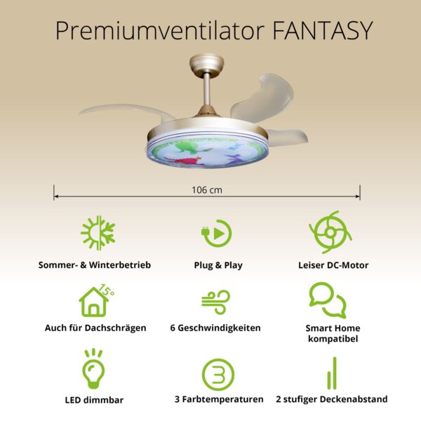 Deckenventilator mit Beleuchtung – goldfarbene Basis, modernes Design & LED-Licht