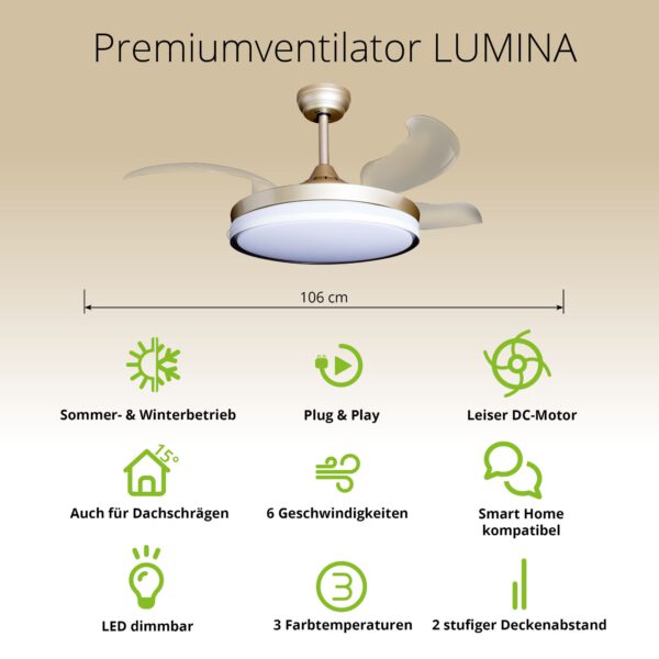Deckenventilator mit Beleuchtung – goldfarbene Basis, modernes Design & LED-Licht
