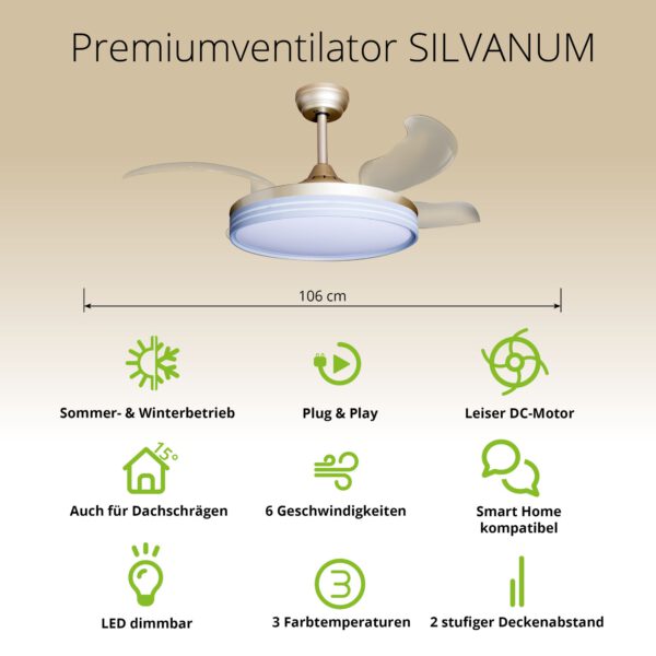 Deckenventilator mit Beleuchtung – goldfarbene Basis, modernes Design & LED-Licht