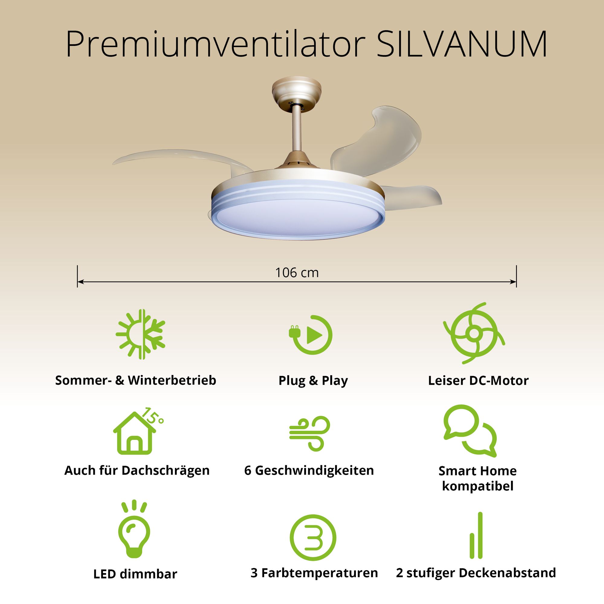 Deckenventilator mit Beleuchtung – goldfarbene Basis, modernes Design & LED-Licht – Bild 35