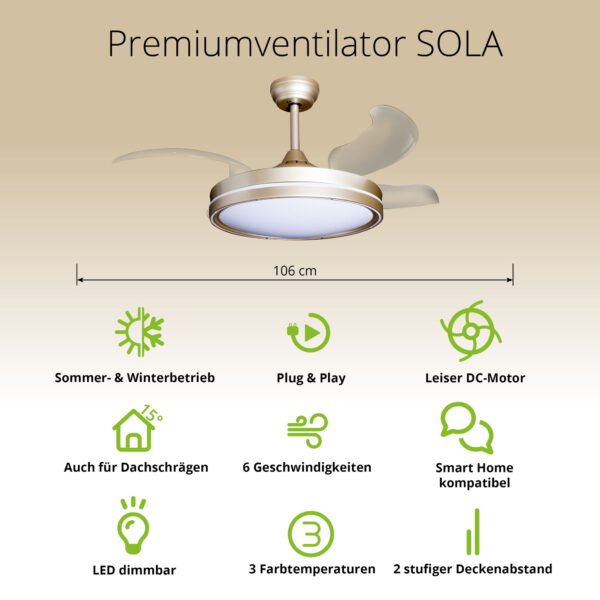 Deckenventilator mit Beleuchtung – goldfarbene Basis, modernes Design & LED-Licht